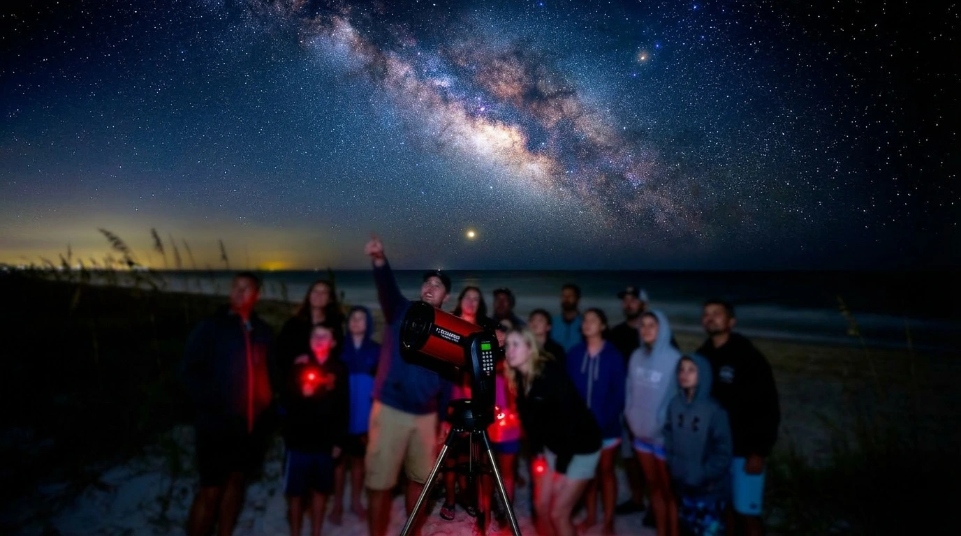 Telescope on the beach with stars overhead